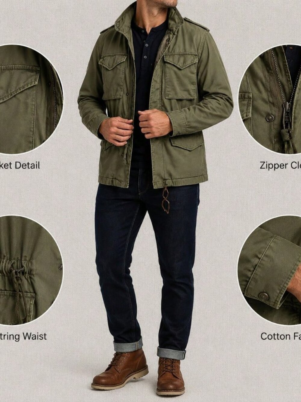 Army Green Glamorous Men's Oversized Button Front military Jacket - Picture 4 of 6